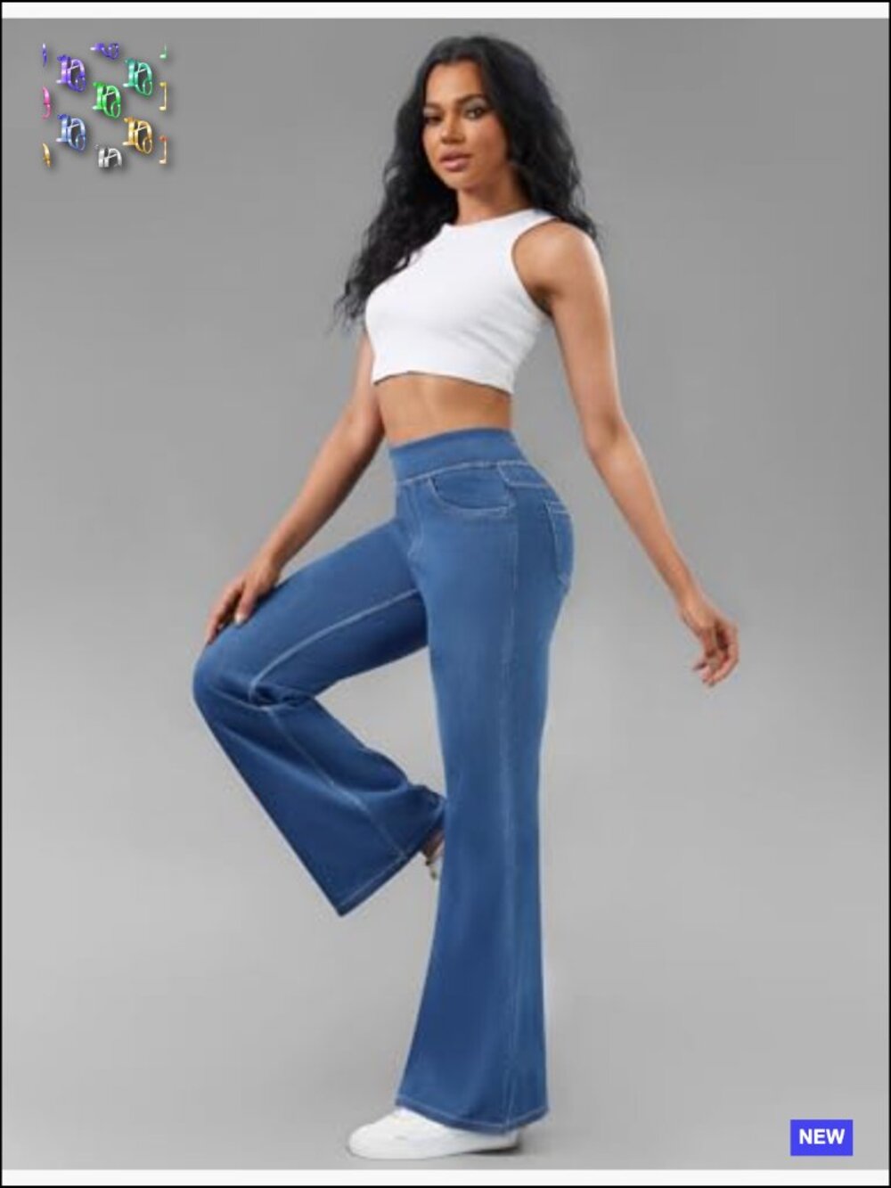 Stretchy Flare Jeans High Waisted Pull On Bell Bottom Jeans Trendy Elastic - Picture 3 of 7